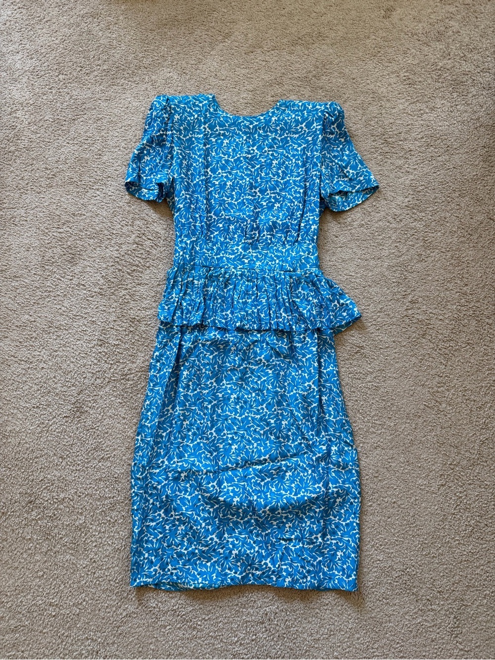 VTG ~ 1980s ~ Maggy London ~ Blue Floral Peplum Midi Dress ~ Silk ~ Size 14